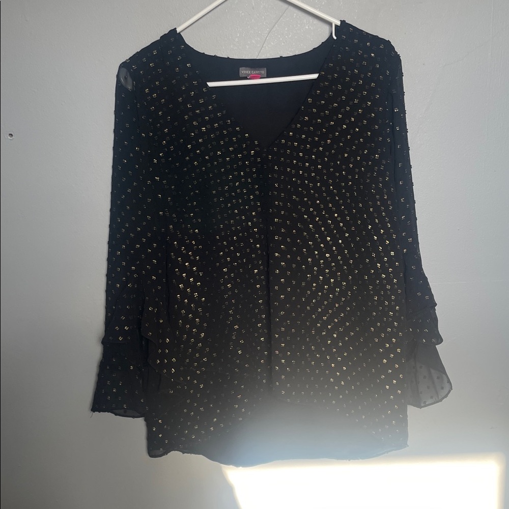 Vince Camuto M Black Gold Flounce Sleeve romantic high low blouse Whimsigoth